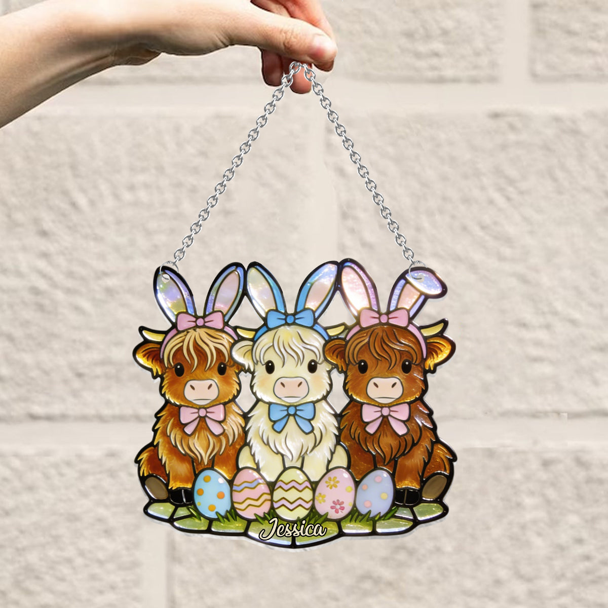 Easter Day Highland Cow - Personalized Highland Cow Window Hanging Suncatcher Ornament