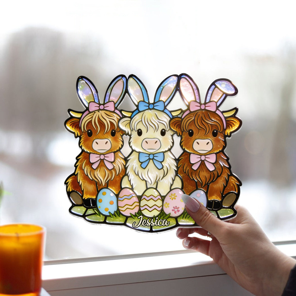 Easter Day Highland Cow - Personalized Highland Cow Window Hanging Suncatcher Ornament