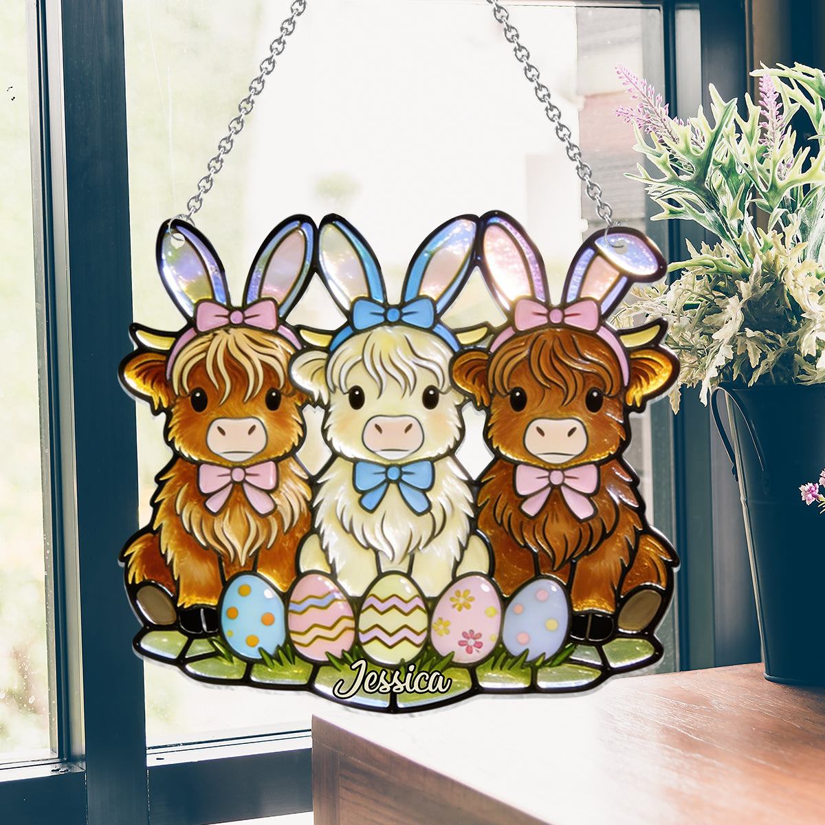 Easter Day Highland Cow - Personalized Highland Cow Window Hanging Suncatcher Ornament