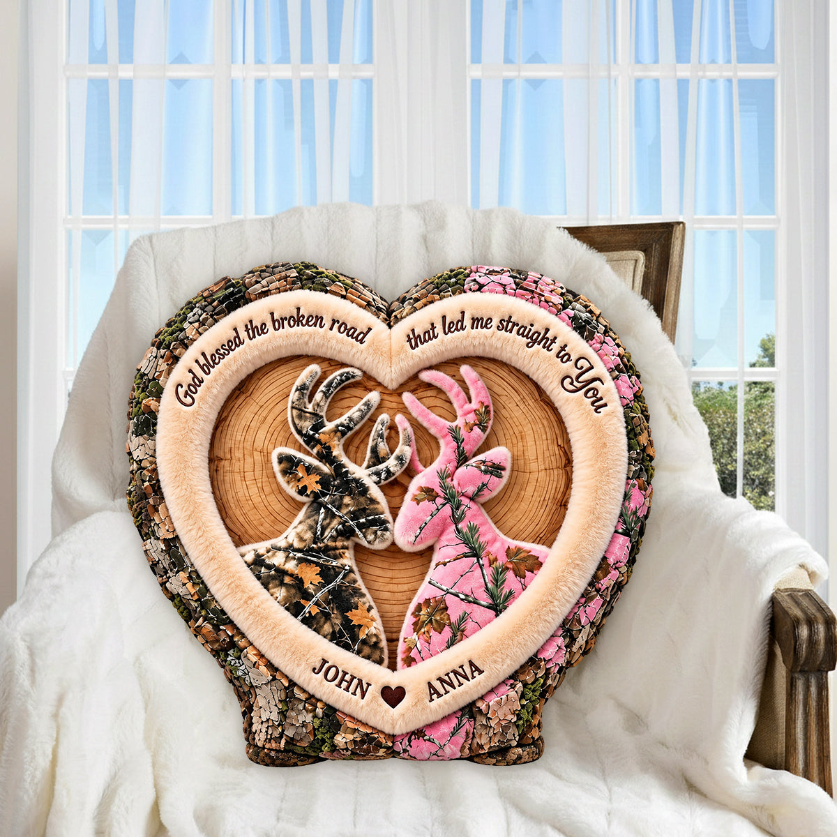Camo Deer Couple Heart - Personalized Hunting Premium Faux Fur Pillow