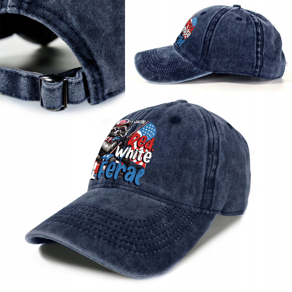 Red, White & Feral Racoon - Personalized Independence Day/ 4th of July Washed Denim Cap