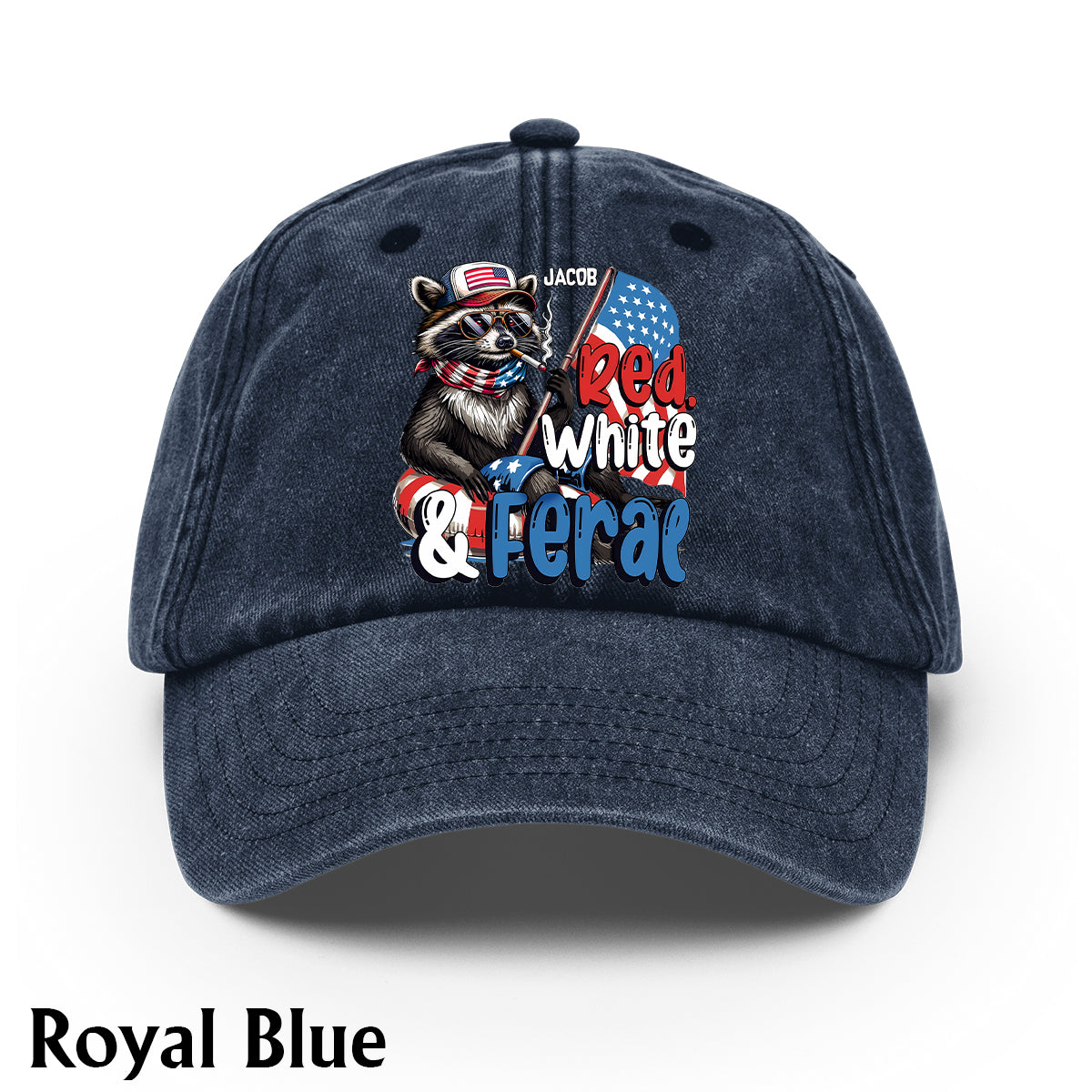 Red, White & Feral Racoon - Personalized Independence Day/ 4th of July Washed Denim Cap