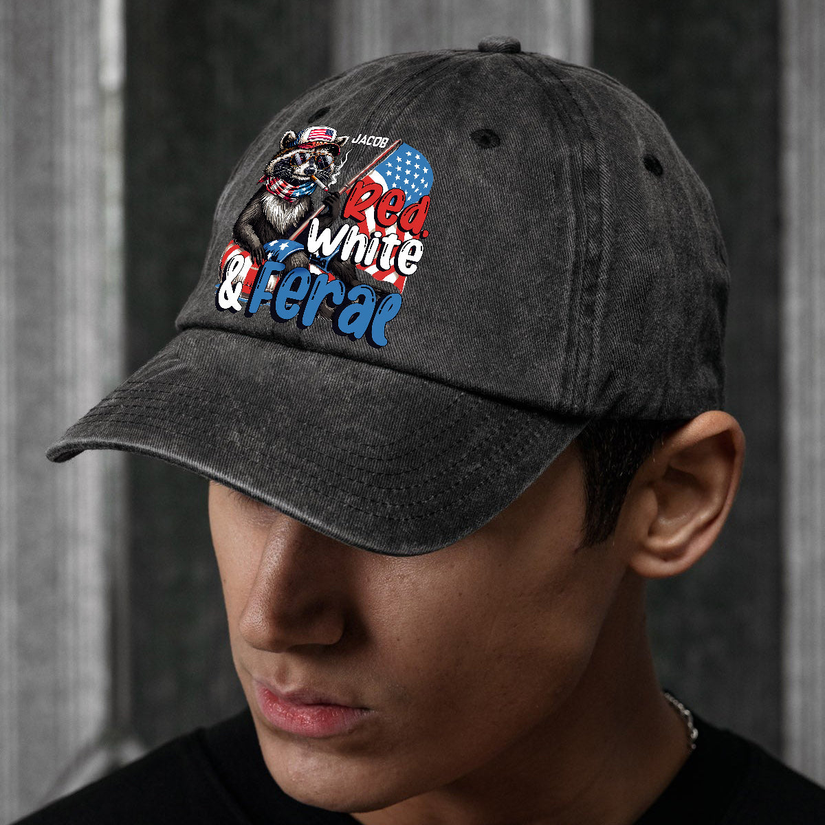 Red, White & Feral Racoon - Personalized Independence Day/ 4th of July Washed Denim Cap