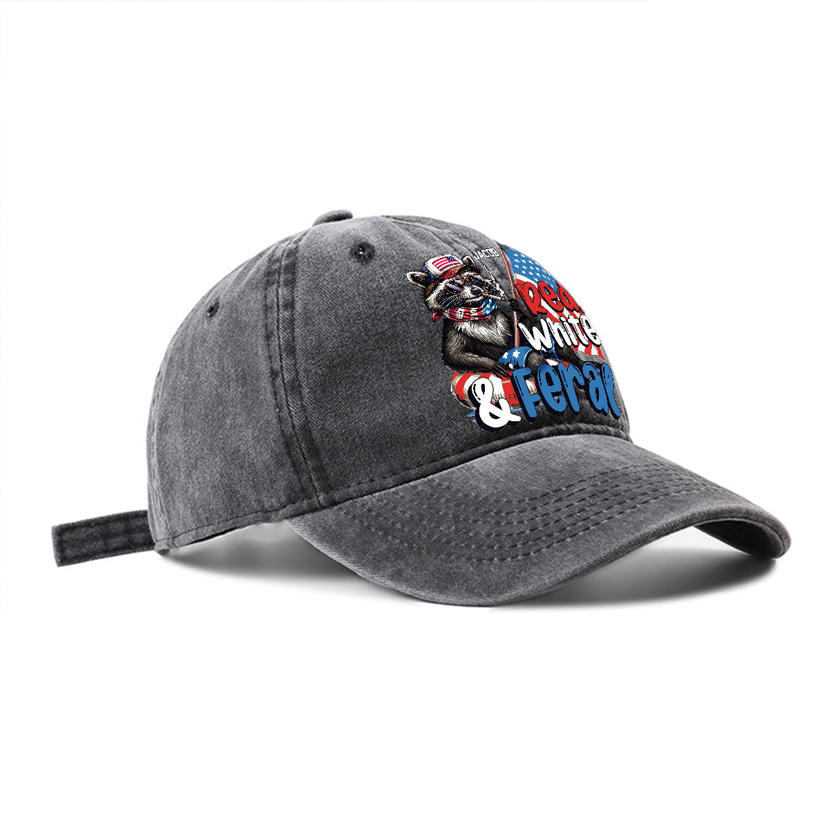 Red, White & Feral Racoon - Personalized Independence Day/ 4th of July Washed Denim Cap