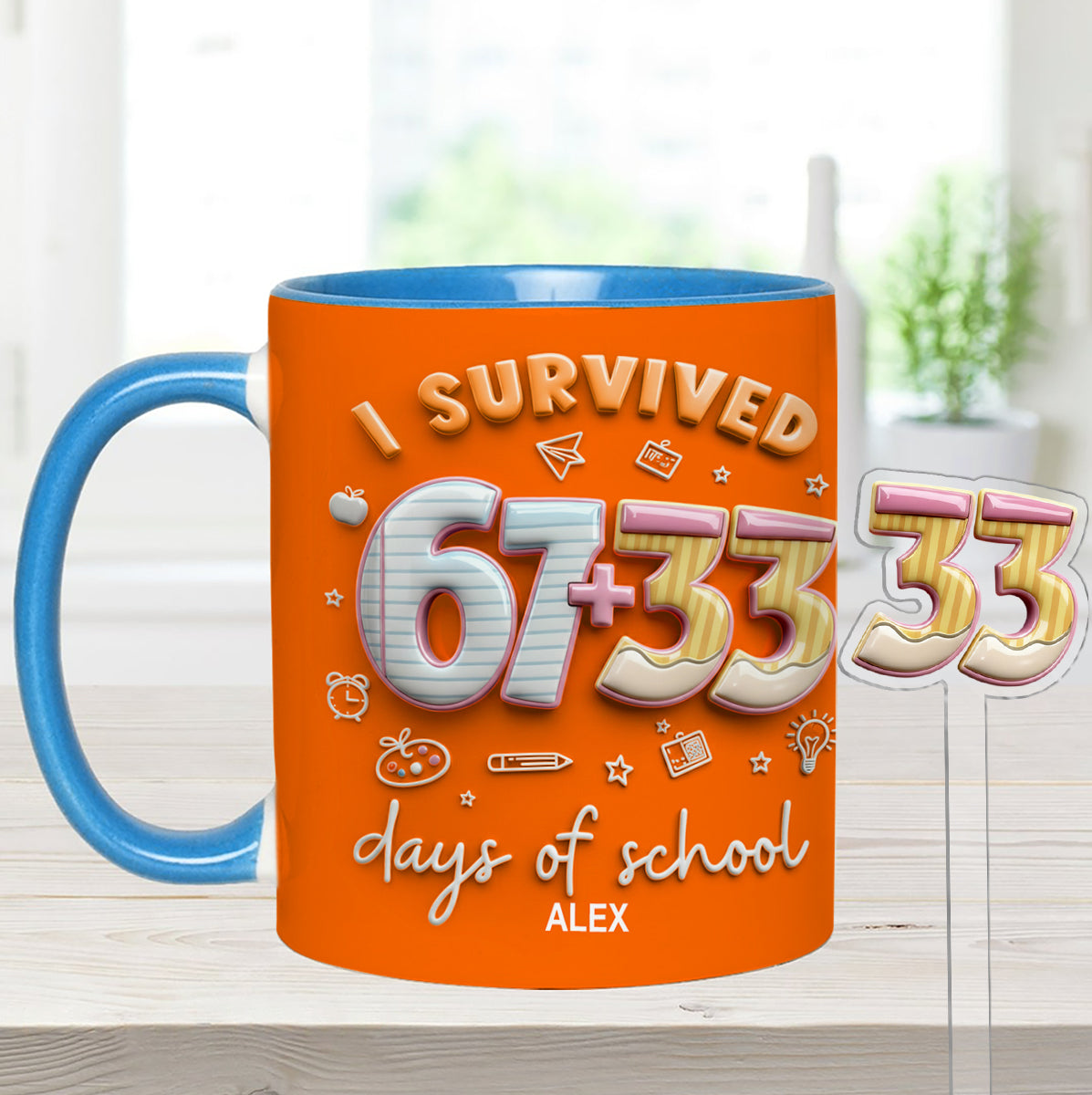 I Survived 67 + 33 Days Of School - Personalized Teacher Set Accent Mug with Acrylic Stirres