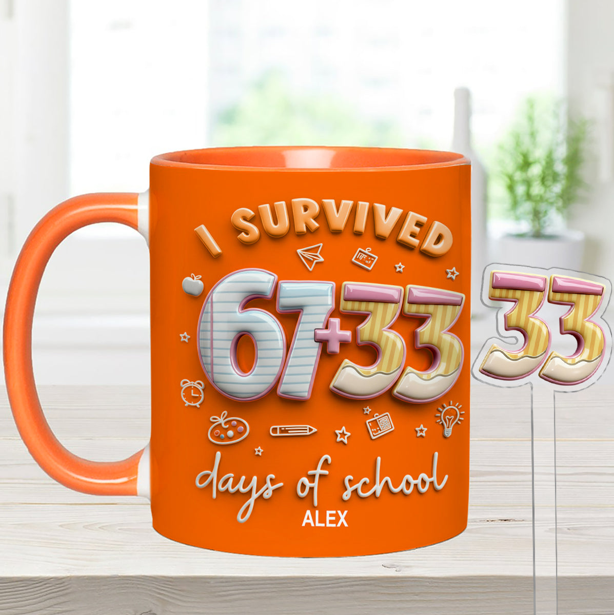 I Survived 67 + 33 Days Of School - Personalized Teacher Set Accent Mug with Acrylic Stirres