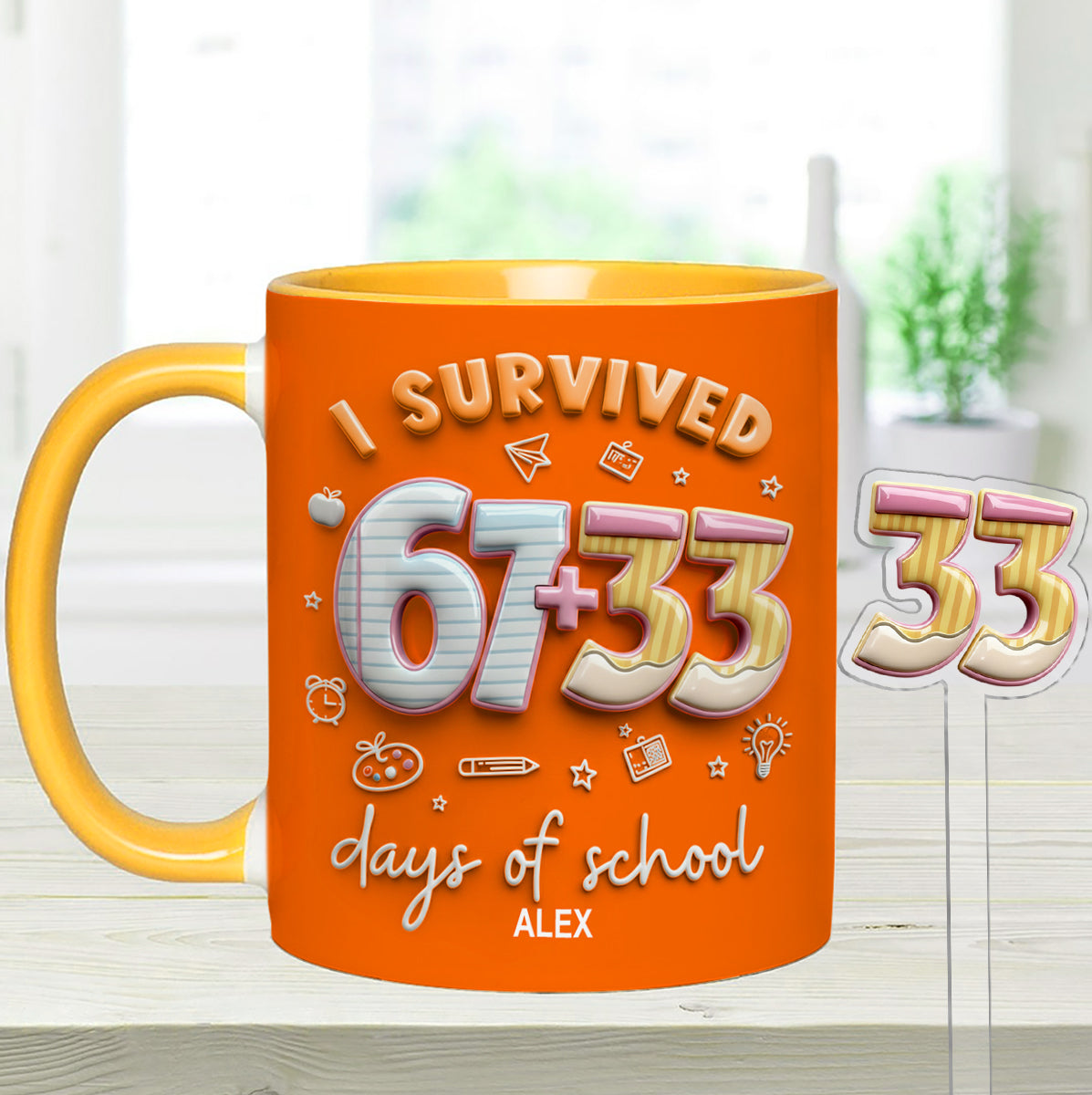 I Survived 67 + 33 Days Of School - Personalized Teacher Set Accent Mug with Acrylic Stirres