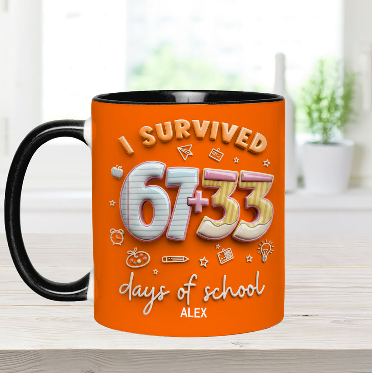 I Survived 67 + 33 Days Of School - Personalized Teacher Set Accent Mug with Acrylic Stirres