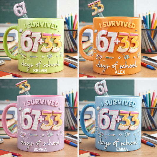 I Survived 67 + 33 Days Of School - Personalized Teacher Set Accent Mug with Acrylic Stirres
