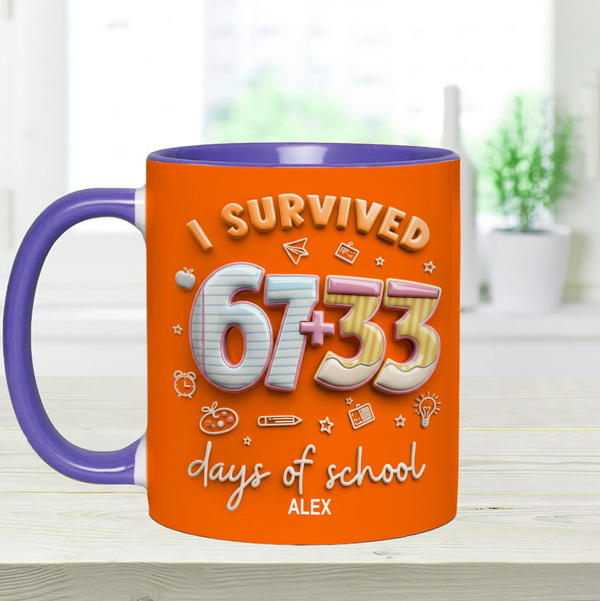 I Survived 67 + 33 Days Of School - Personalized Teacher Set Accent Mug with Acrylic Stirres