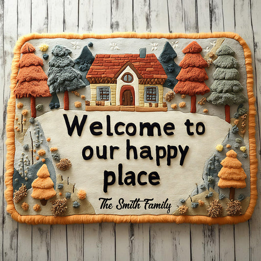 Welcome To Our Happy Place - Personalized Family Shaped Doormat