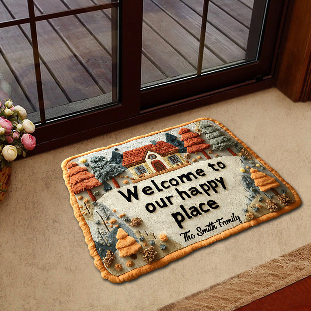 Welcome To Our Happy Place - Personalized Family Shaped Doormat