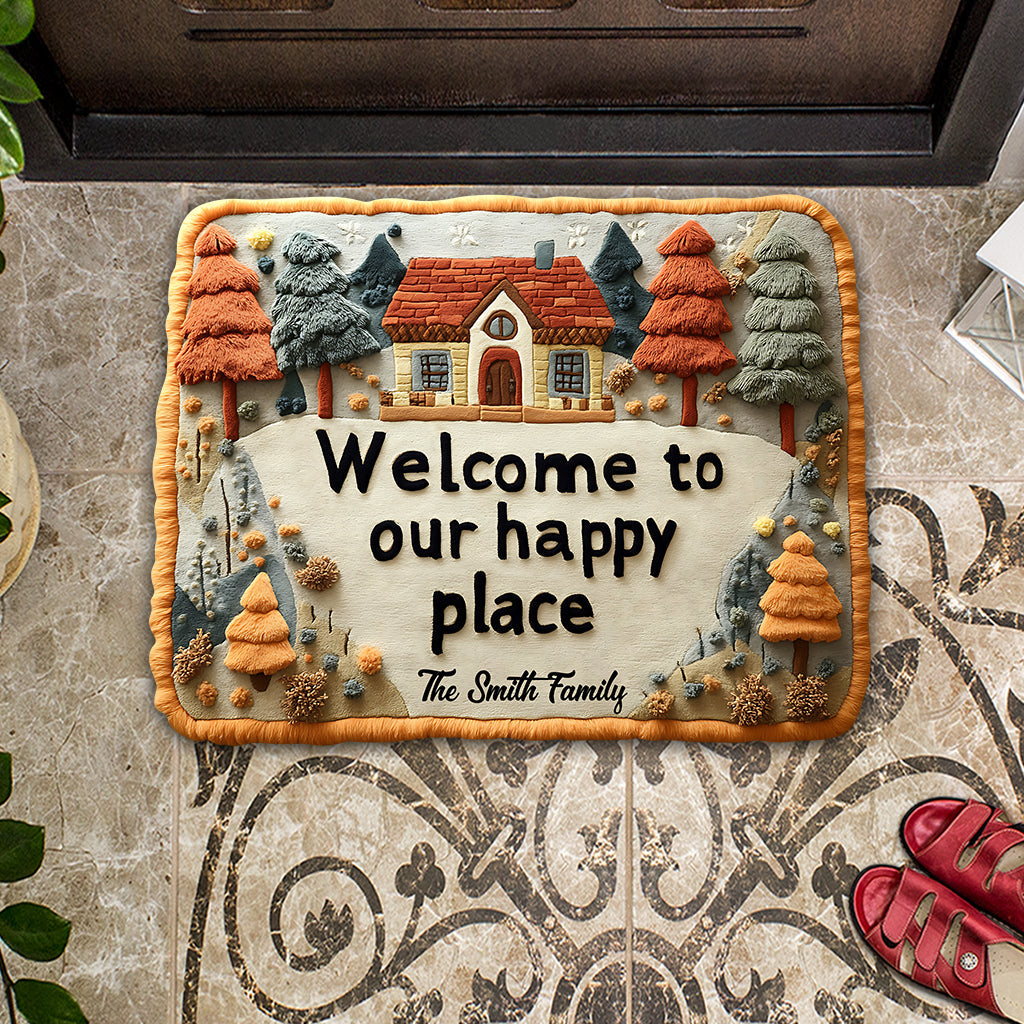 Welcome To Our Happy Place - Personalized Family Shaped Doormat