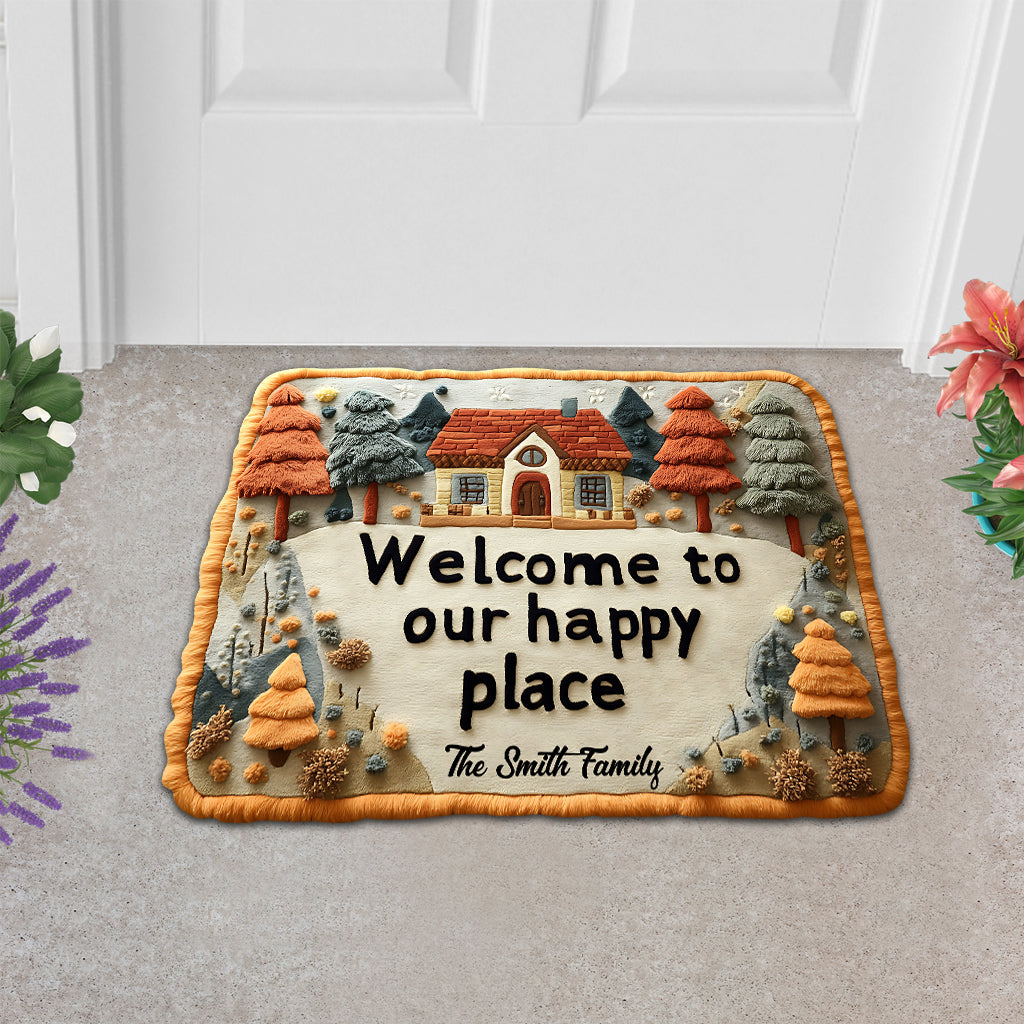 Welcome To Our Happy Place - Personalized Family Shaped Doormat