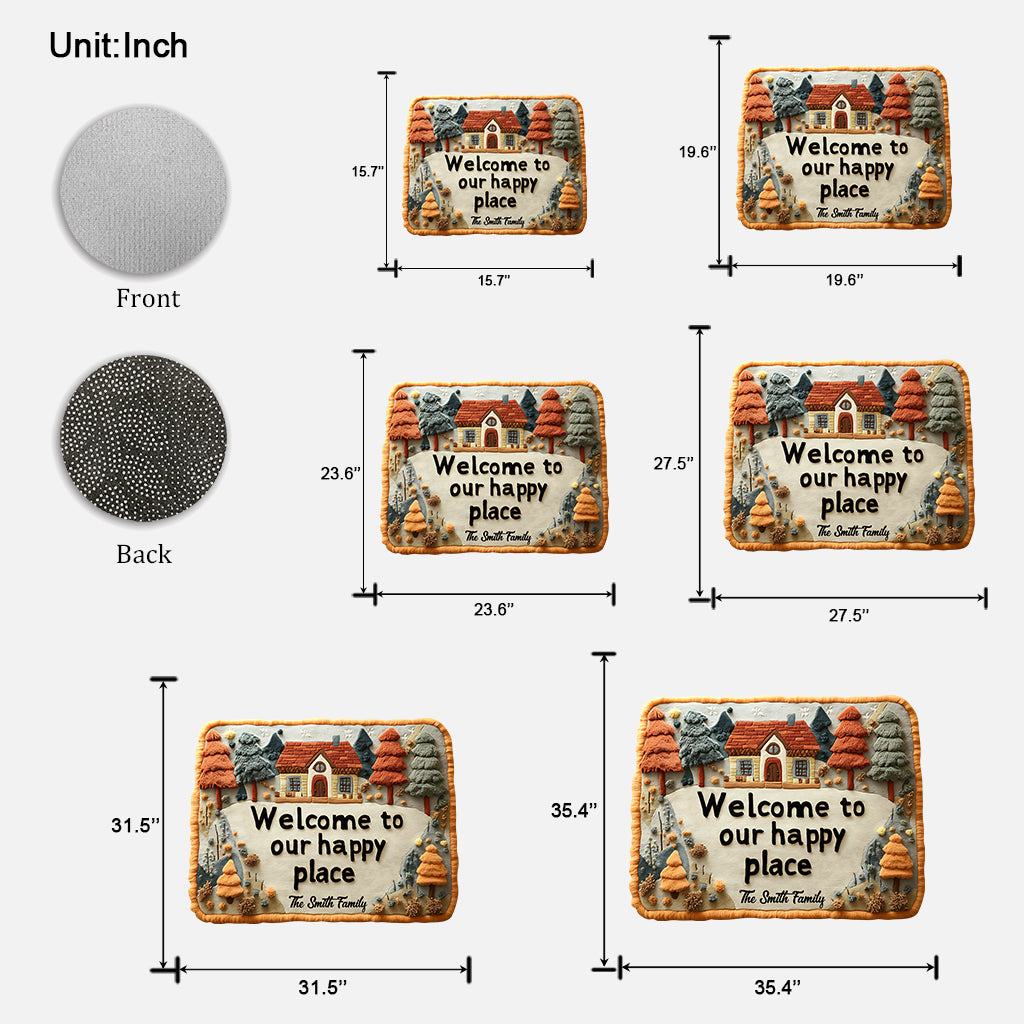 Welcome To Our Happy Place - Personalized Family Shaped Doormat