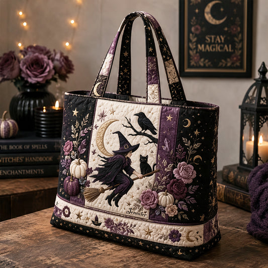 Crescent Moon Crow Witch - Personalized Witch Quilted Tote Bag