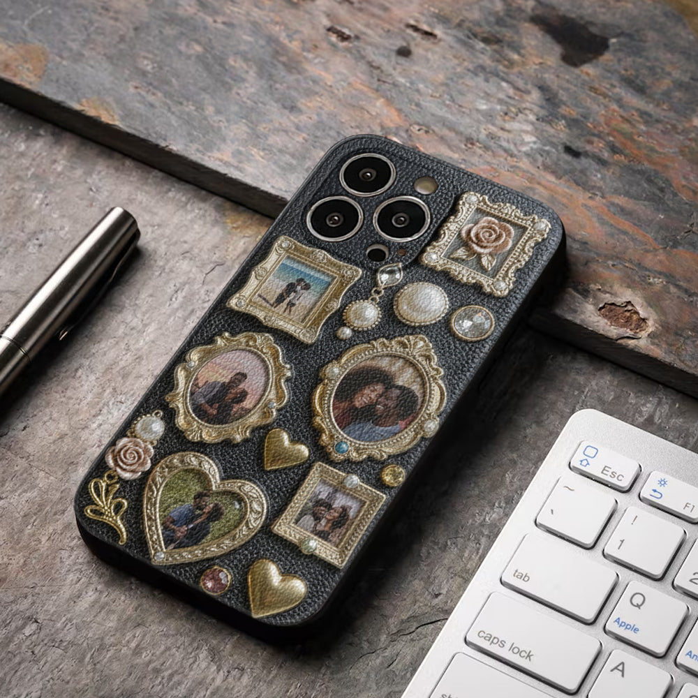 Couple Photo Frame Unique Gift - Personalized Couple Leather Phone Case