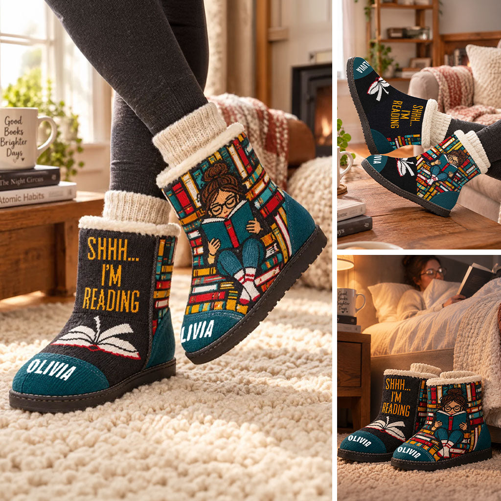 Shhh I'm Reading - Personalized Book Faux Fur Boot Slippers