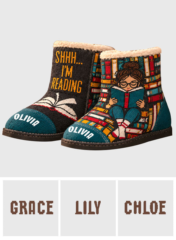 Shhh I'm Reading - Personalized Book Faux Fur Boot Slippers