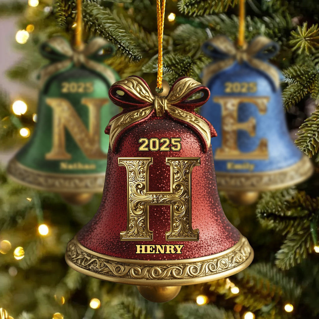 Custom Gold Bell Initial For Family, Merry Christmas 2025 - Personalized Family Ornament