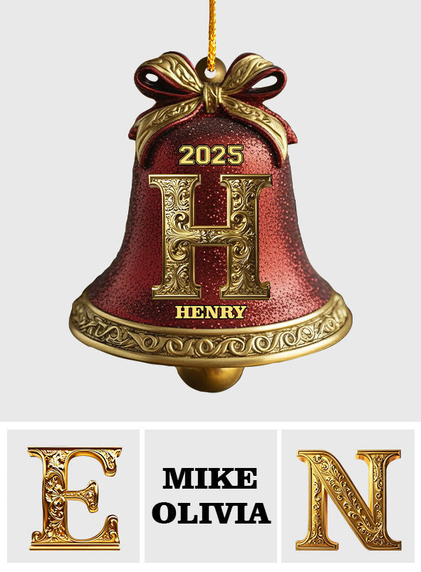 Custom Gold Bell Initial For Family, Merry Christmas 2025 - Personalized Family Ornament