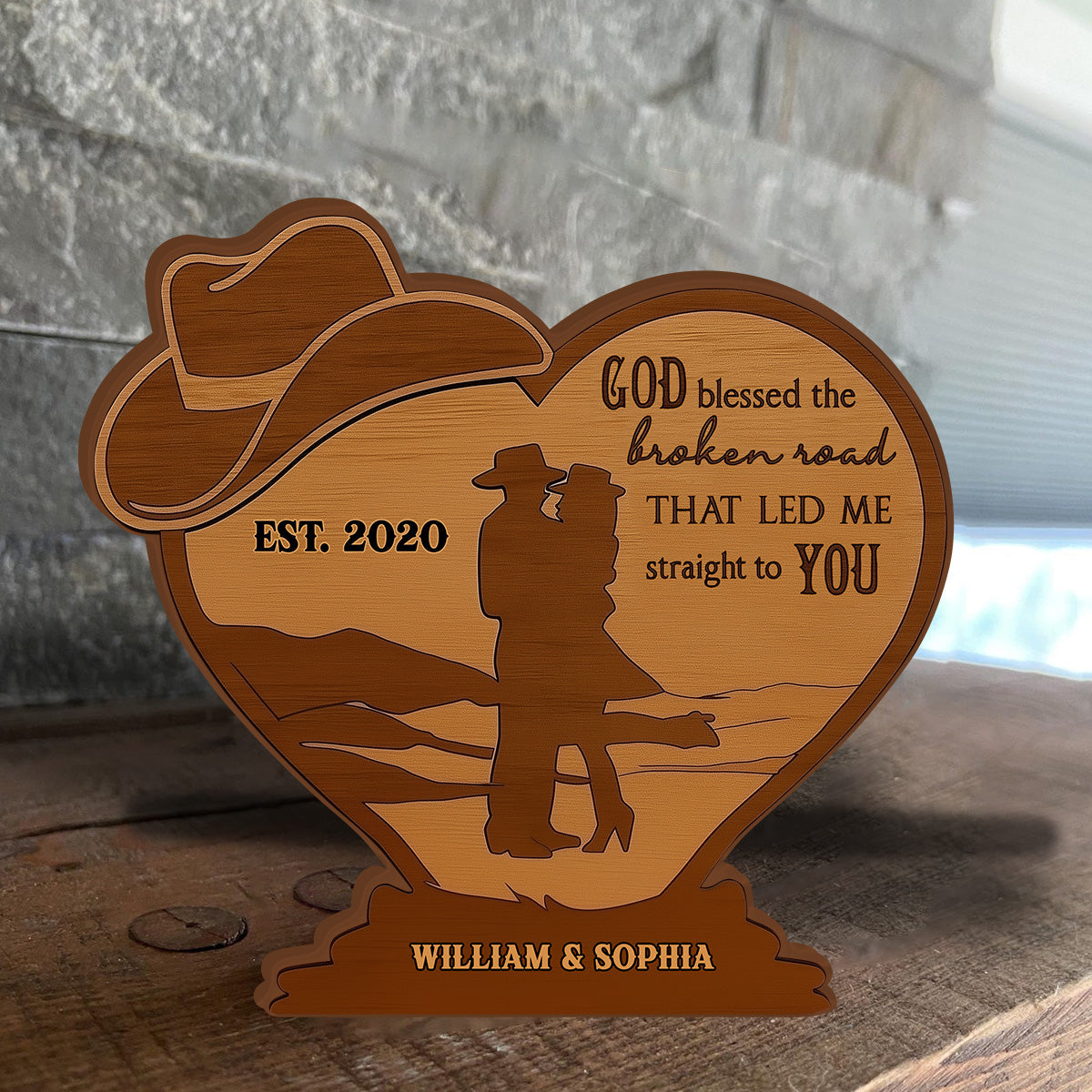 Cowboy Couple God Blessed The Broken Road - Personalized Couple Custom Shaped Wood Plaque