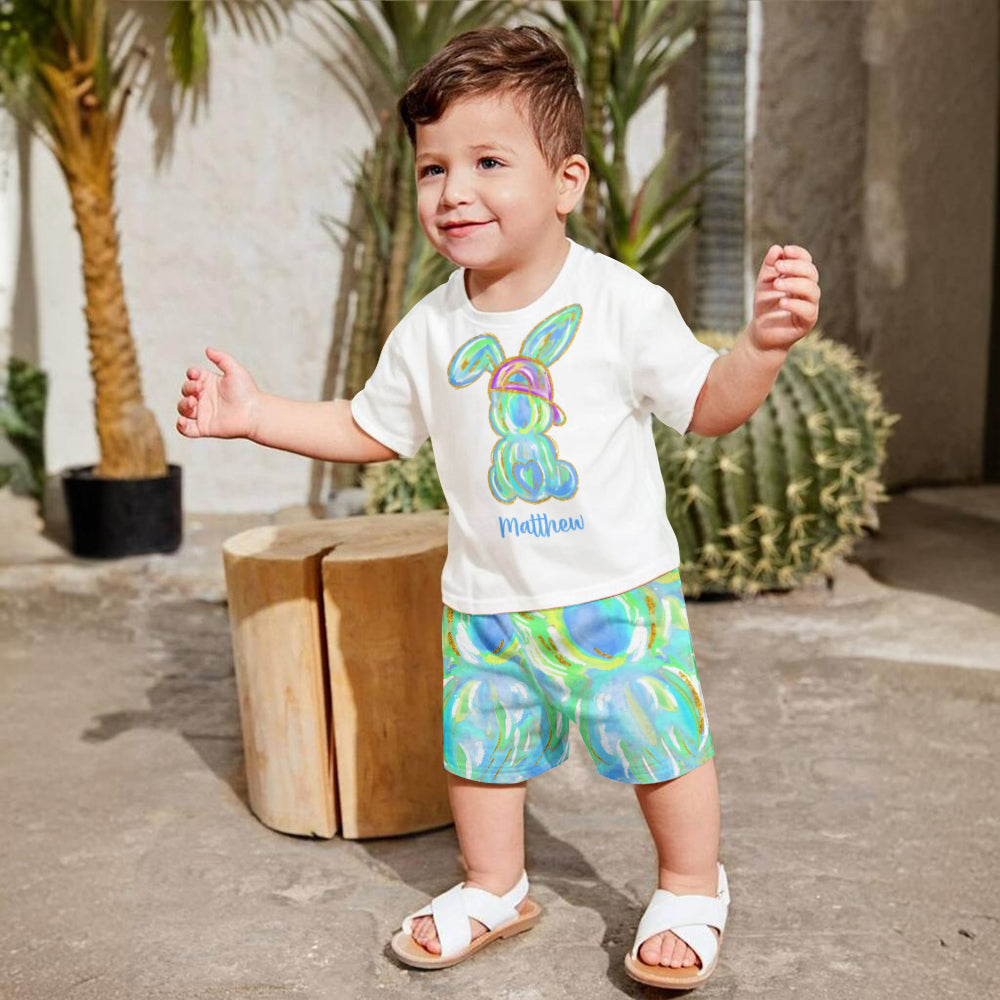 Colorful Brushstroke Easter Bunnies - Personalized Kid T-shirt & Shorts