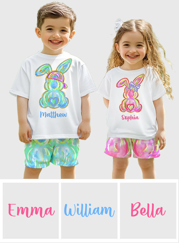 Colorful Brushstroke Easter Bunnies - Personalized Kid T-shirt & Shorts