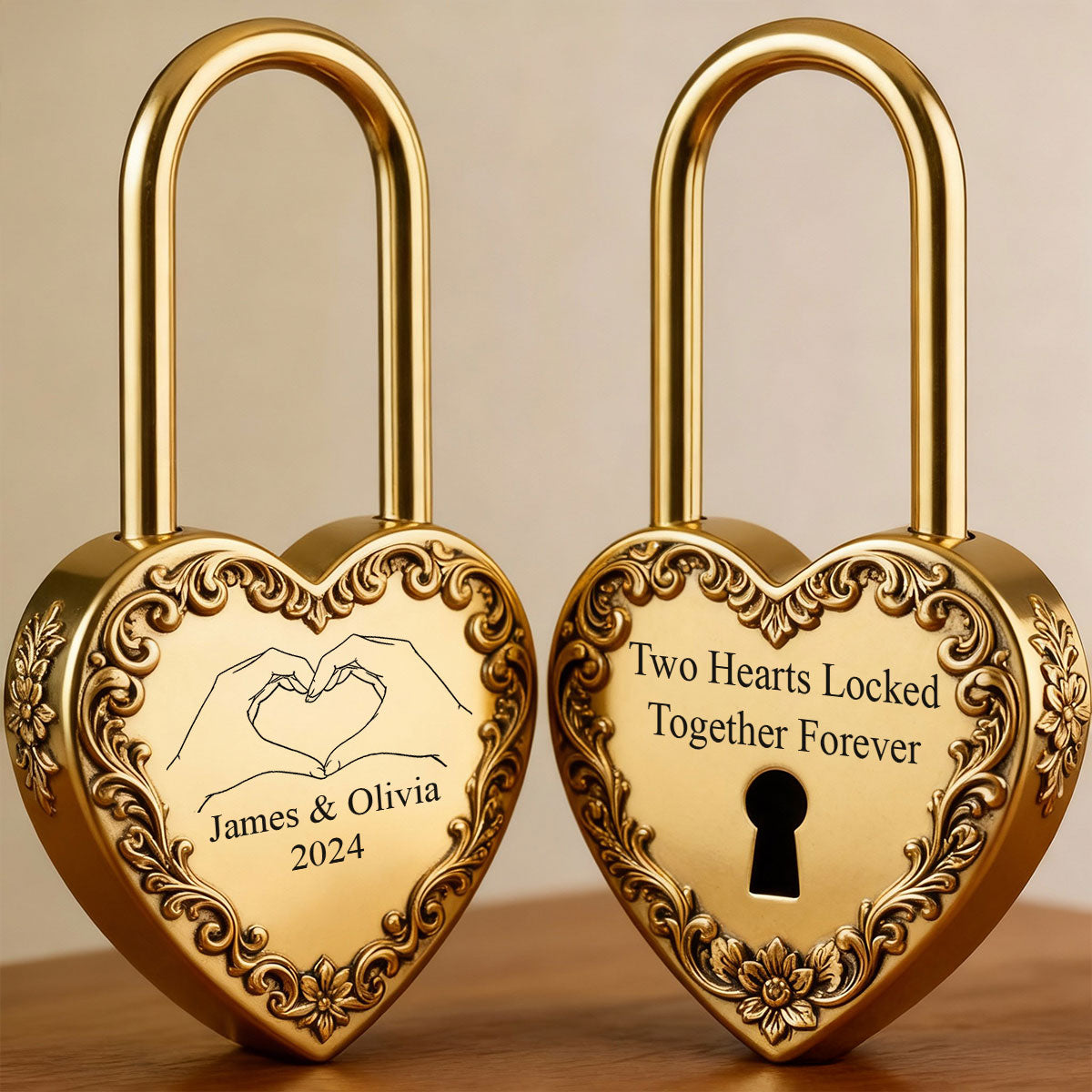 Two Hearts Locked Together Forever - Personalized Couple Heart Padlock