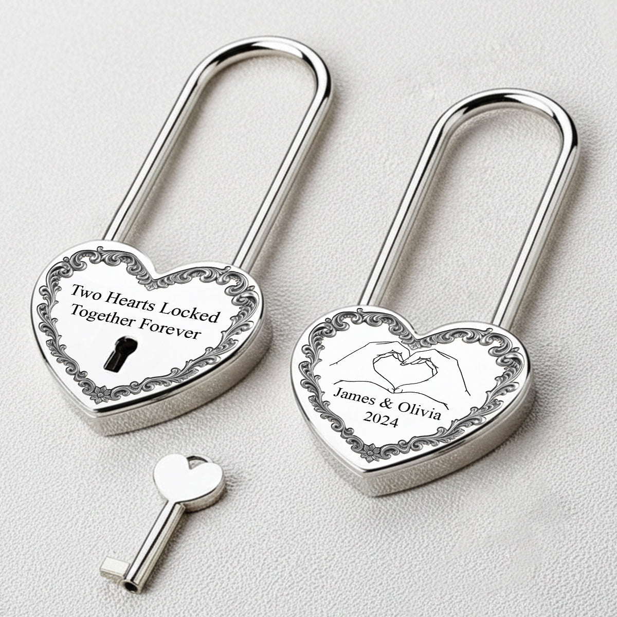 Two Hearts Locked Together Forever - Personalized Couple Heart Padlock