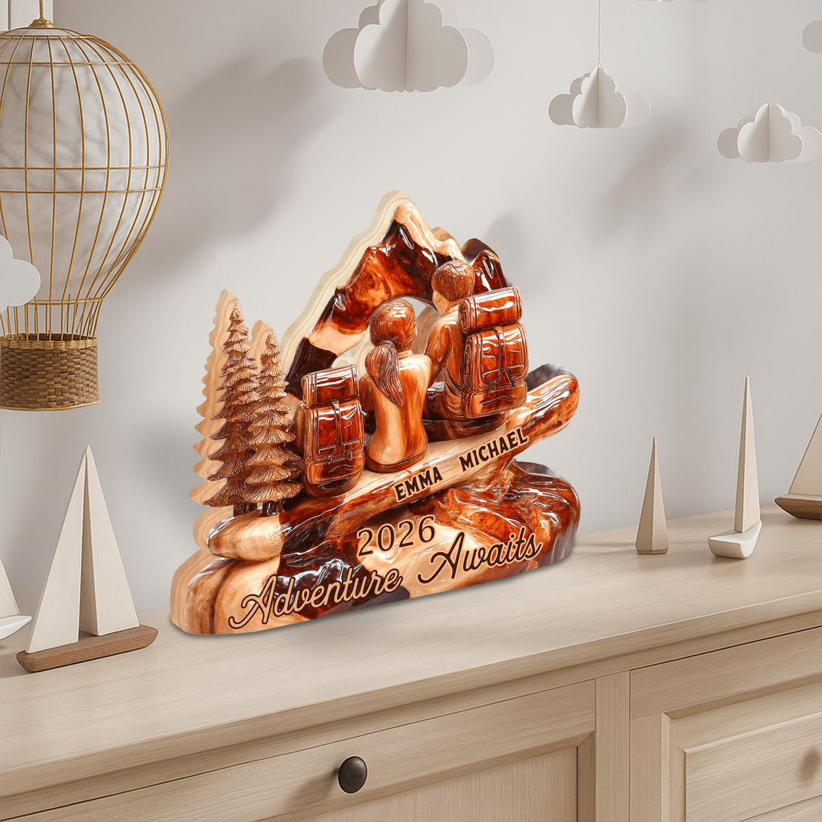 Hiking Couple Adventure Awaits - Personalized Hiking Custom Shaped Wood Plaque