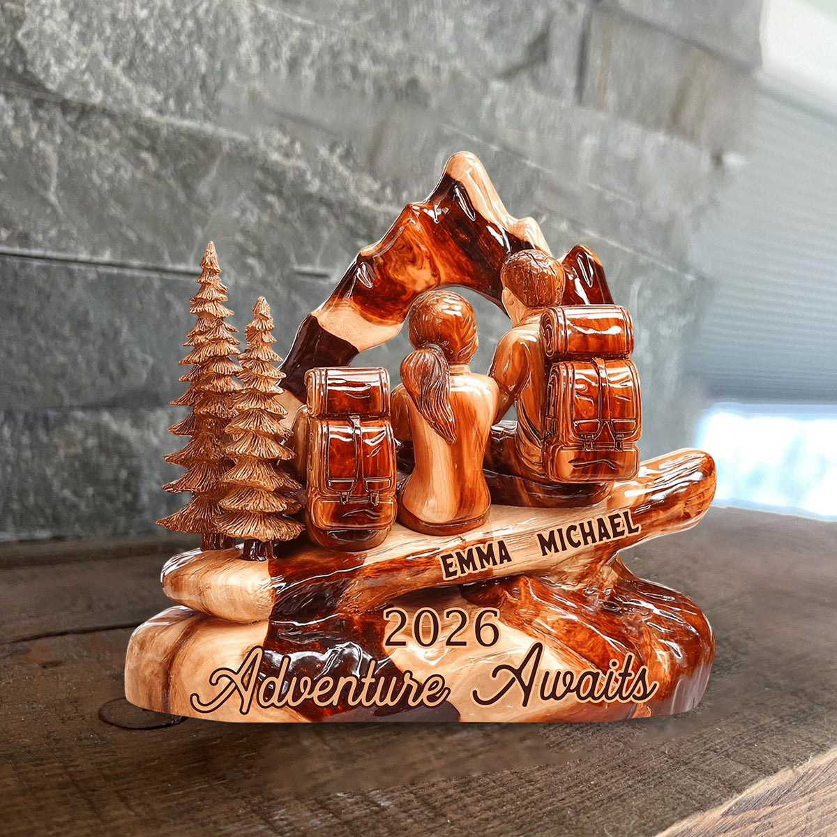 Hiking Couple Adventure Awaits - Personalized Hiking Custom Shaped Wood Plaque