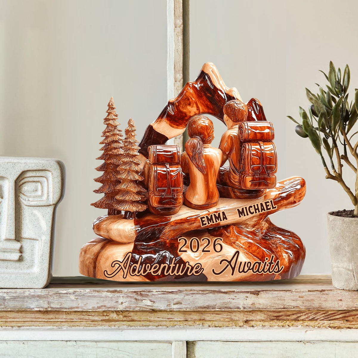 Hiking Couple Adventure Awaits - Personalized Hiking Custom Shaped Wood Plaque