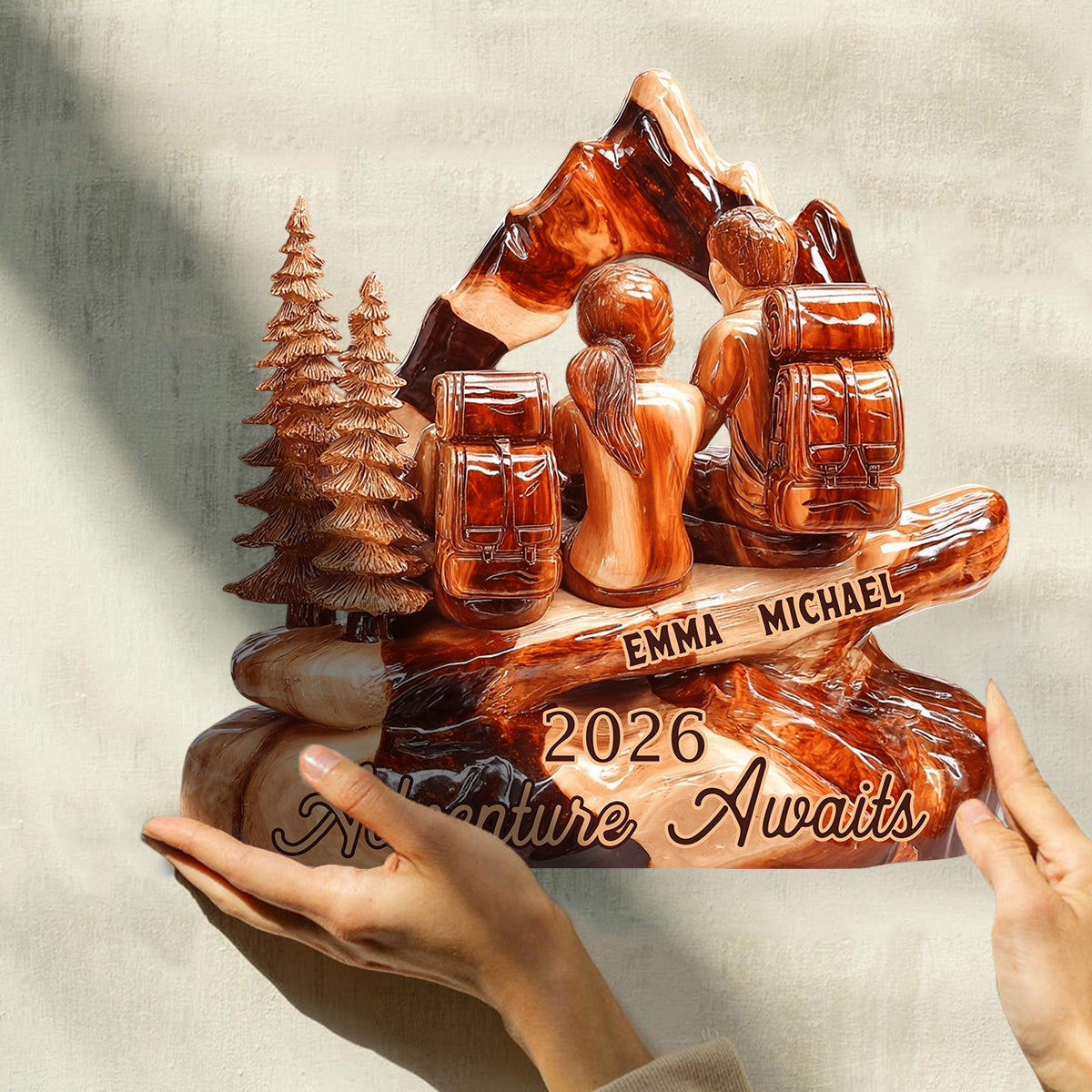 Hiking Couple Adventure Awaits - Personalized Hiking Custom Shaped Wood Plaque