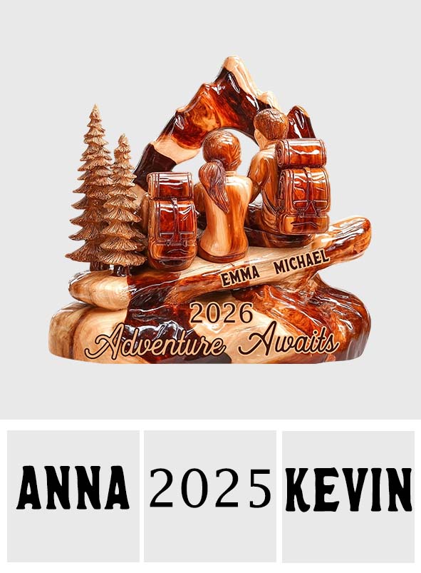 Hiking Couple Adventure Awaits - Personalized Hiking Custom Shaped Wood Plaque