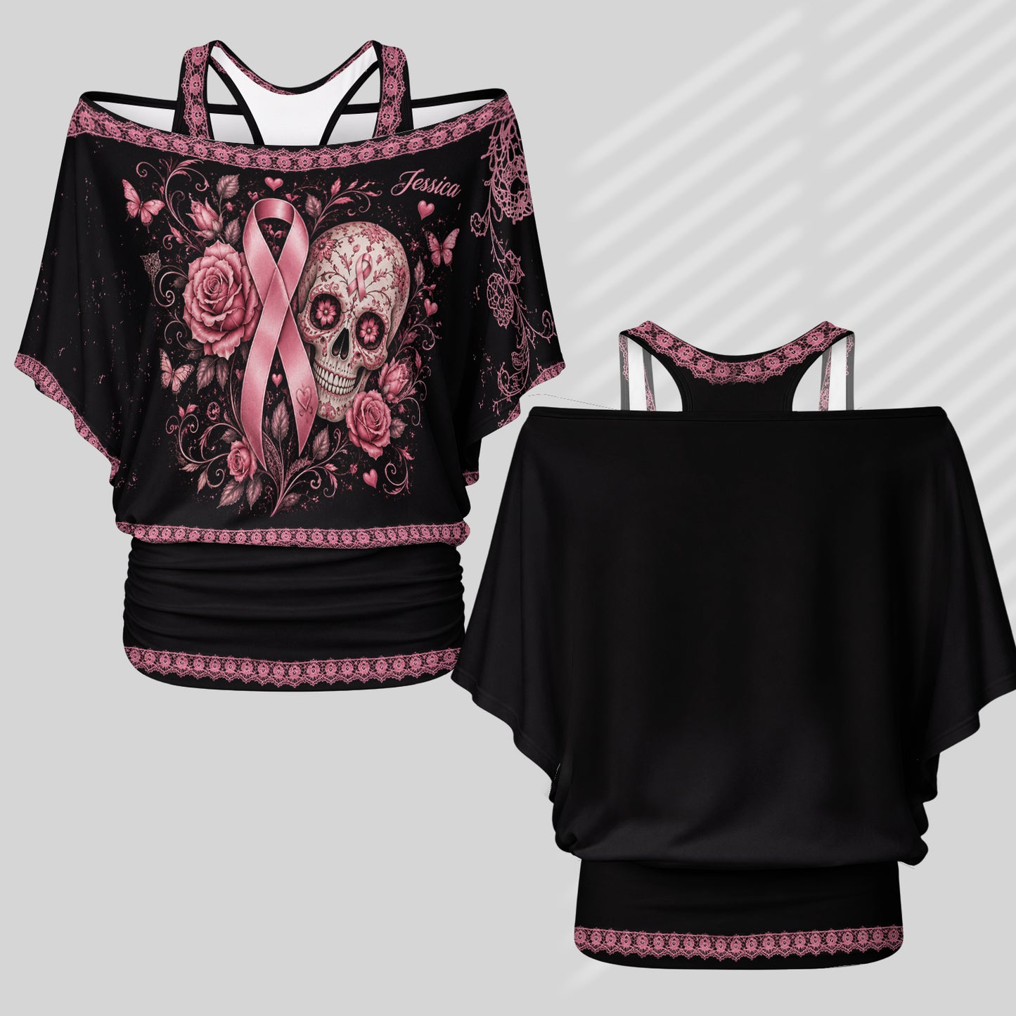 Breast Cancer Awareness - Personalized Breast Cancer Awareness Off-Shoulder Top Set