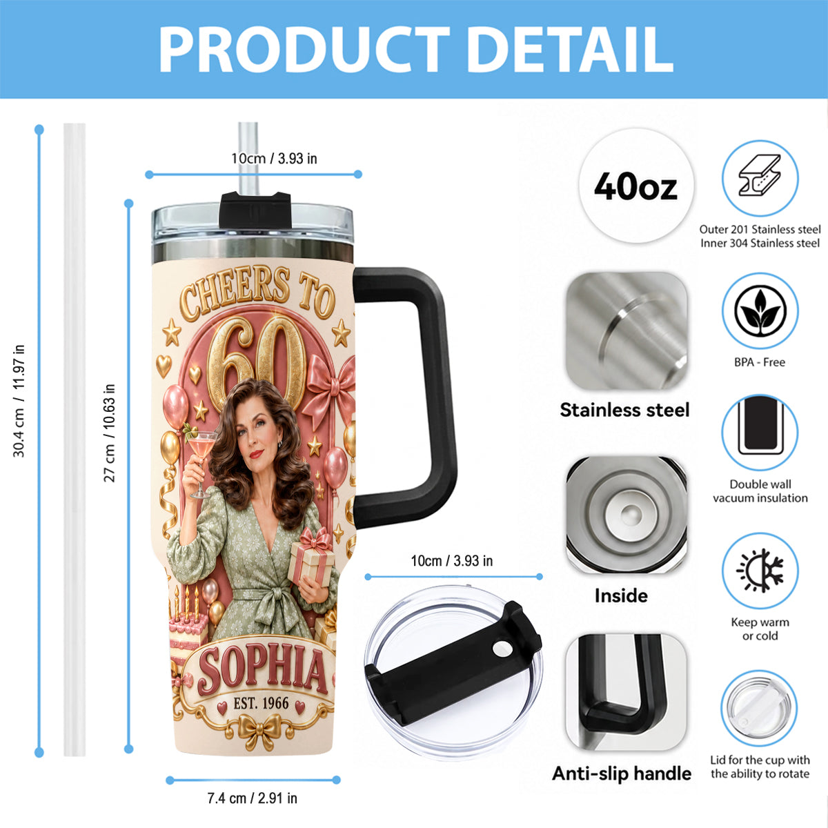 Custom Any Photo - Personalized Birthday Handle Tumbler With Charms