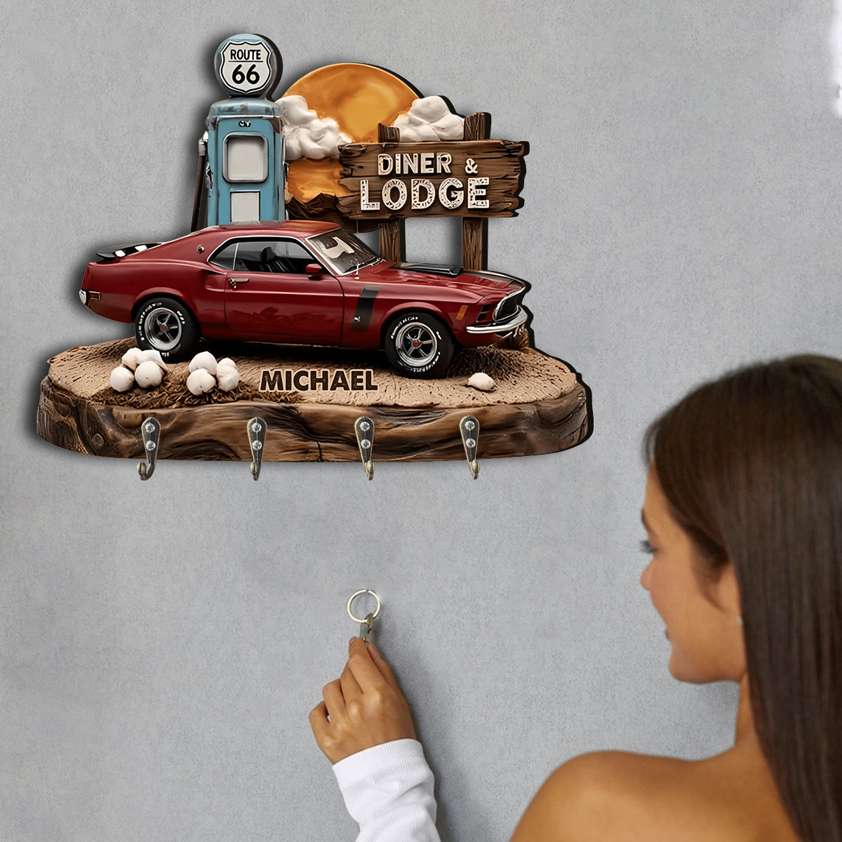 Route 66 - Personalized Car Lover Custom Shaped Hanging Rack