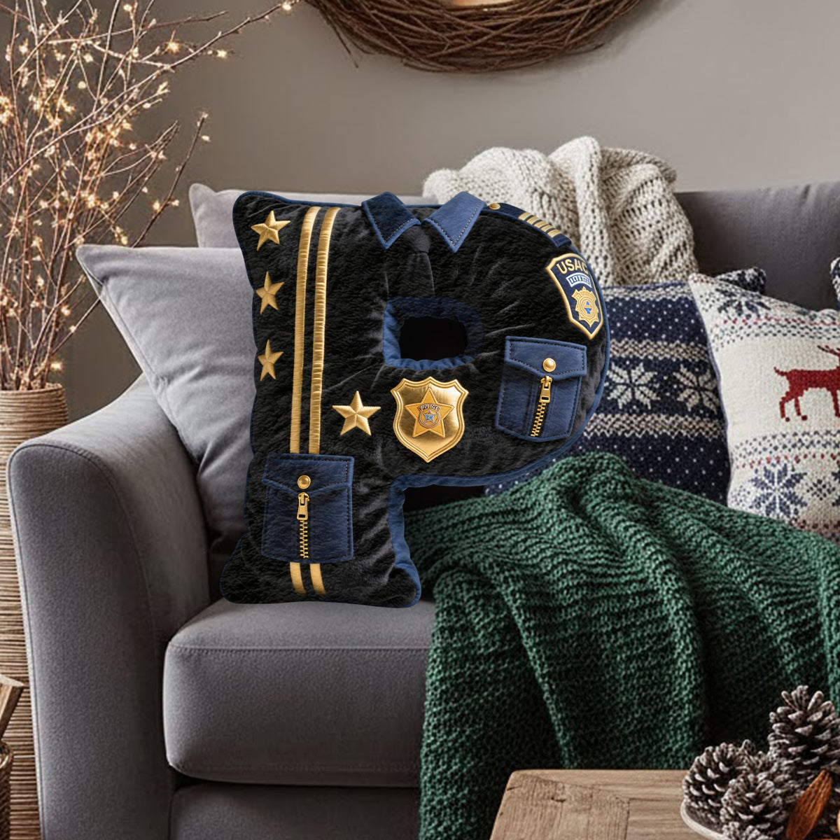 Police Name Letter - Personalized Police Officer Faux Fur Shaped Pillow