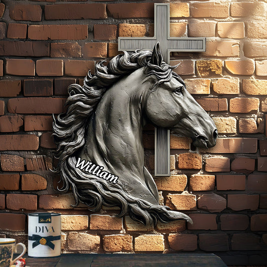 Horse And Cross - Personalized Christian Cut Metal Sign