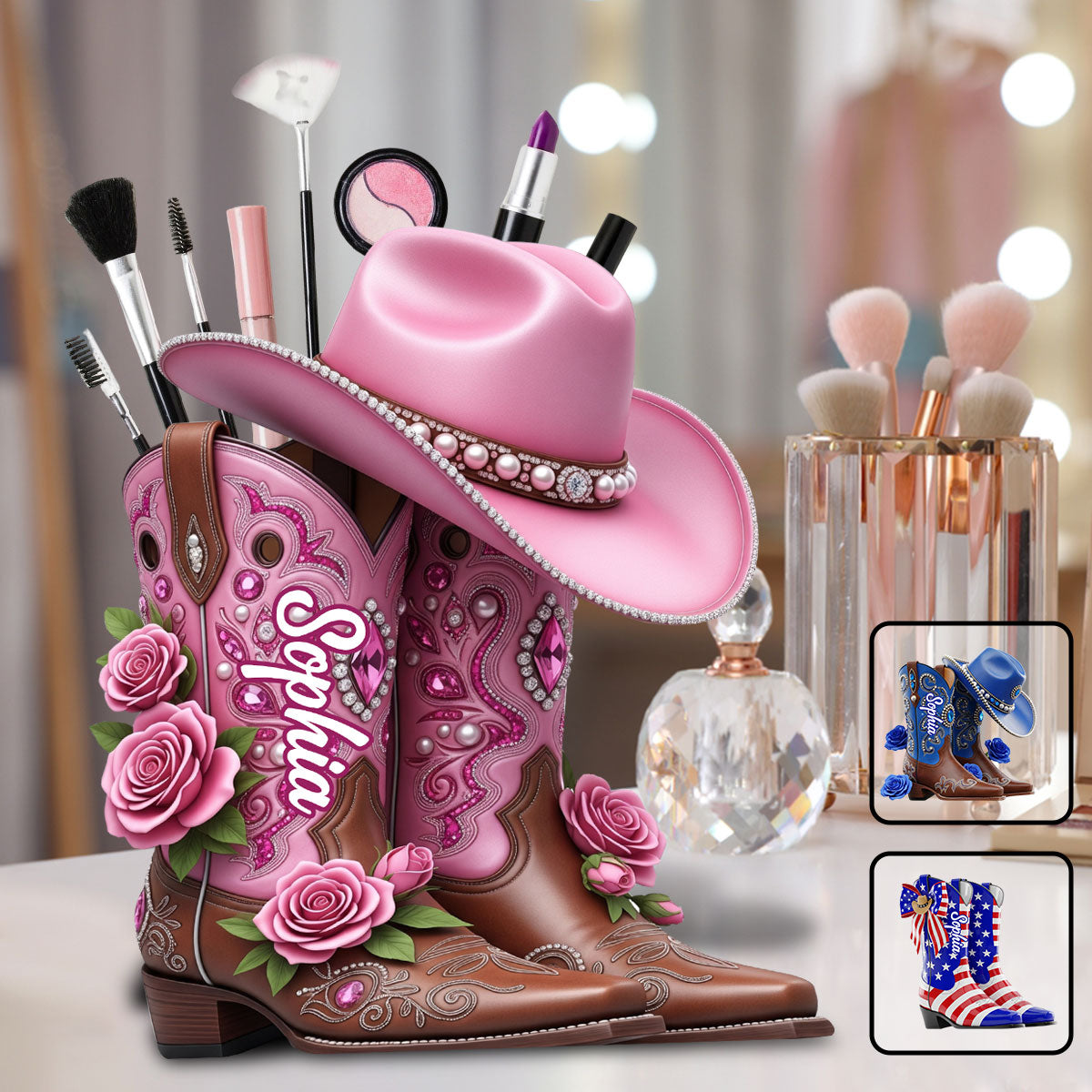 Cowgirl Boots - Personalized Cowgirl Wooden Makeup Brush Holder
