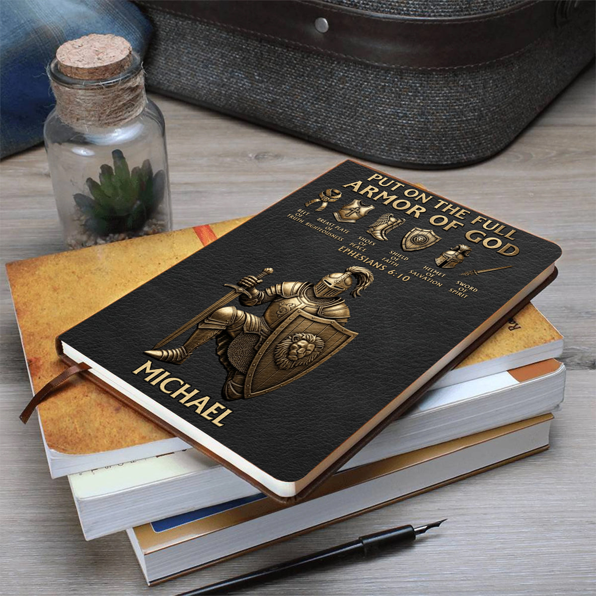Put On The Full Amor Of God - Personalized Christian Leather Journal