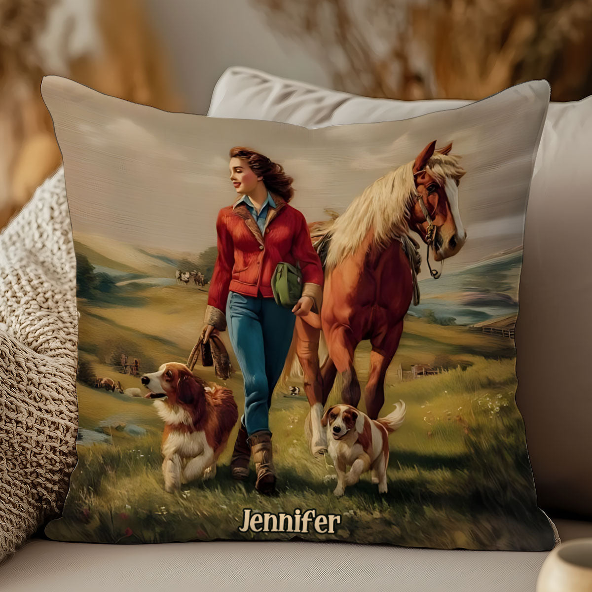 She Loves Horses And Dogs - Personalized Horse Throw Pillow