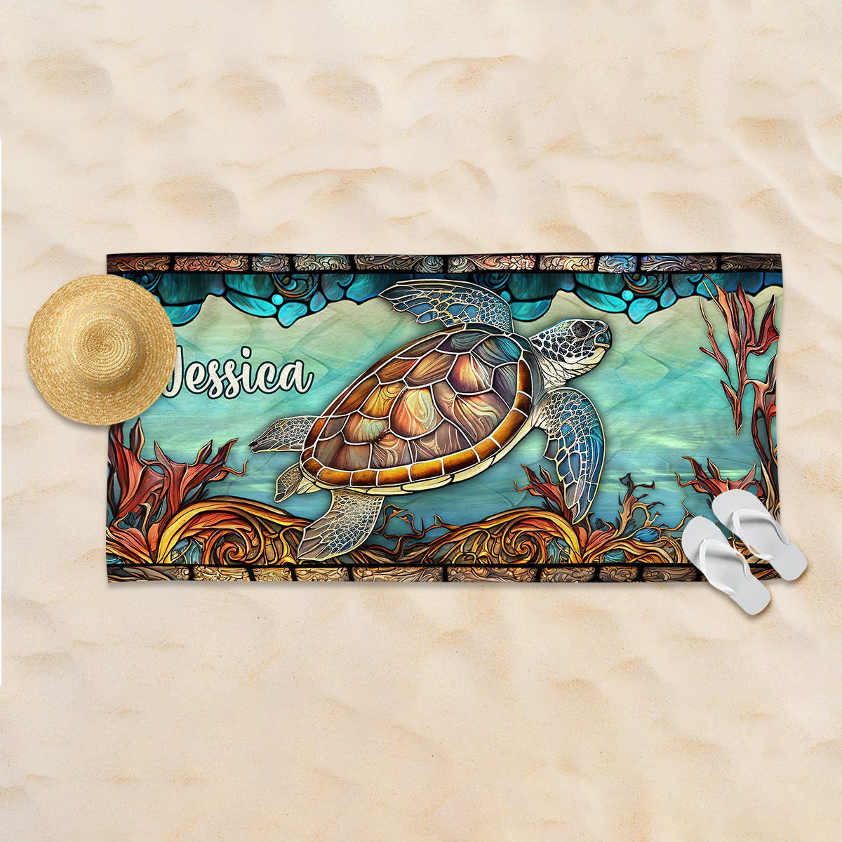 Stained Glass Turtle - Personalized Turtle Quick-dry Beach Towel/ Bath Towel