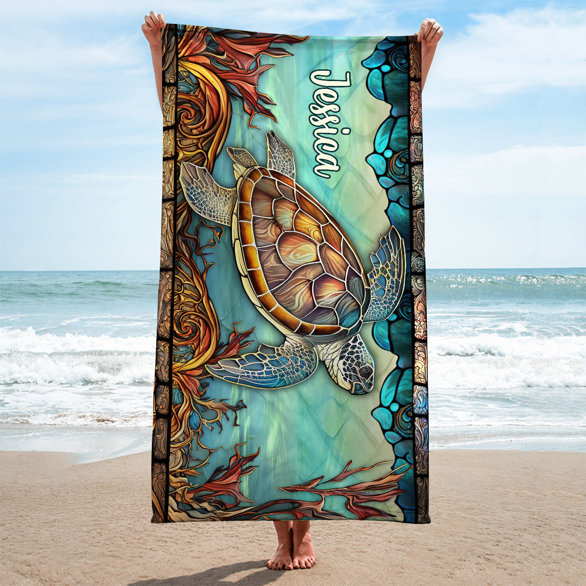 Stained Glass Turtle - Personalized Turtle Quick-dry Beach Towel/ Bath Towel