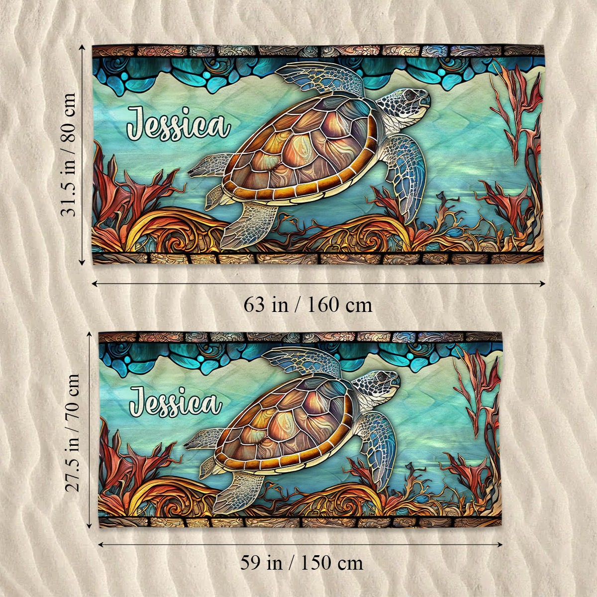 Stained Glass Turtle - Personalized Turtle Quick-dry Beach Towel/ Bath Towel