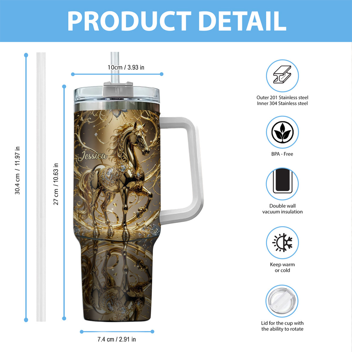 Love Horse - Personalized Horse Tumbler With Handle