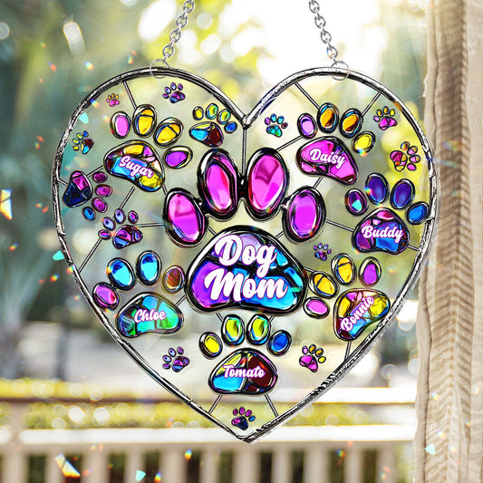Colorful Heart Paw Dog Mom - Personalized Dog Window Hanging Suncatcher Ornament