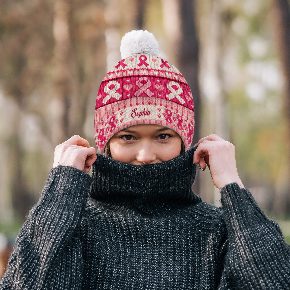 Pink Ribbon Love & Hope - Personalized Breast Cancer Awareness Beanie Hat