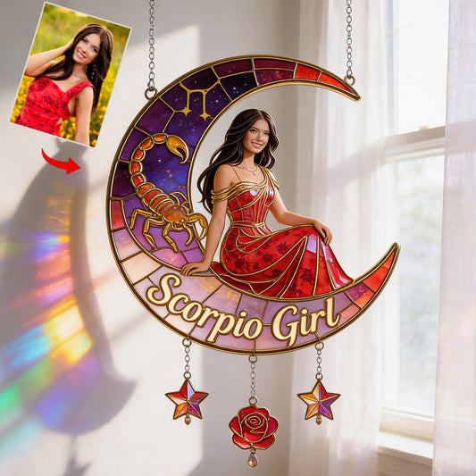 Any Photo Zodiac Style - Personalized Horoscope Window Hanging Suncatcher With Charms